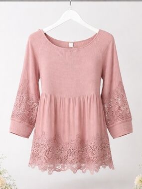 Indigo Threads Boho Dusty Rose Lace-Trim Peasant Tunic Size M